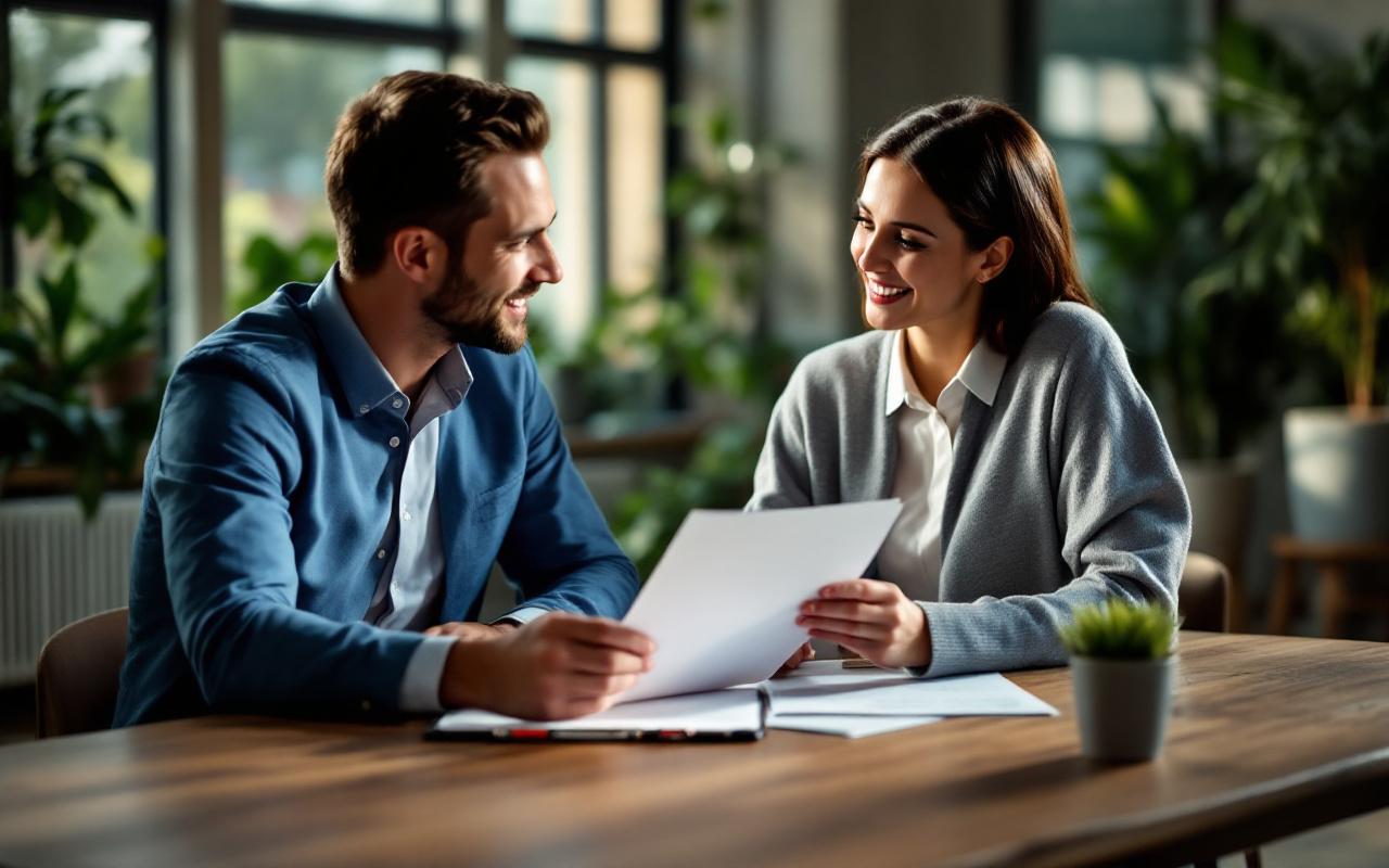 Agent immobilier pr&eacute;sentant des documents de propri&eacute;t&eacute; &agrave; un client dans un salon moderne, table en bois avec contrats, stylo et porte-documents, lumi&egrave;re naturelle douce en fin d'apr&egrave;s-midi, ambiance chaleureuse aux tons bleus et verts.