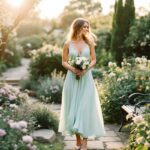 personne-invitee-en-robe-midi-vert-menthe-dans-un-jardin-luxuriant-posant-pres-dun-banc-en-fer-forge-et-dun-chemin-de-pierres-tenant-un-petit-bouquet-tissu-legerement-agite-par-la-brise-lumie