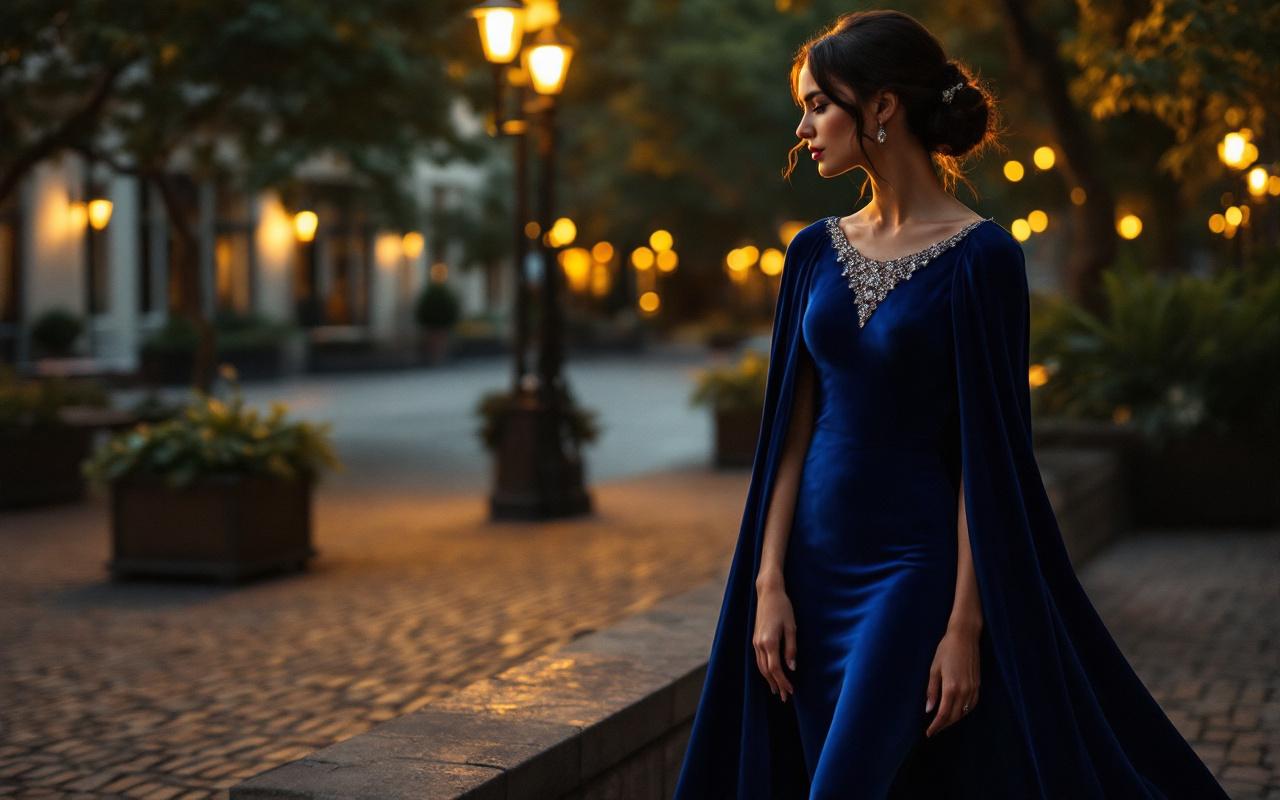 Personne en robe de velours bleu saphir avec cape debout sur une terrasse pav&eacute;e au cr&eacute;puscule, d&eacute;tails de perles au niveau du col et l&eacute;g&egrave;re brise soulevant la cape, lumi&egrave;re chaude et ombres douces, tons bleus et verts dominants.
