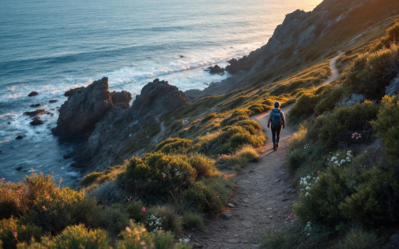 Un randonneur solitaire marche sur un sentier c&ocirc;tier &agrave; travers le maquis, en haut d'une falaise avec la mer calme en arri&egrave;re-plan, portant un petit sac &agrave; dos et des chaussures de randonn&eacute;e, baign&eacute; d'une lumi&egrave;re douce de fin d'apr&egrave;s-midi, aux tons dominants de bleu et de vert.