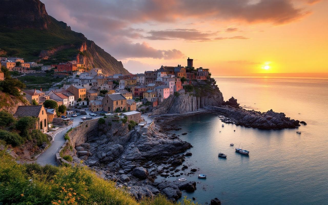 petit-village-cotier-perche-sur-des-rochers-au-coucher-du-soleil-maisons-en-pierre-aux-toits-tuiles-sentiers-sinueux-et-petits-bateaux-amarres-dans-un-port-etroit-mer-calme-et-falaises-en-arr