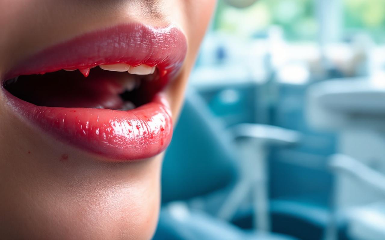 Gros plan sur des gencives enflamm&eacute;es pr&eacute;sentant un l&eacute;ger saignement le long du bord gingival, tissu rouge et gonfl&eacute; avec petites gouttes de sang et texture humide, arri&egrave;re-plan flou d'un cabinet dentaire, lumi&egrave;re douce et atmosph&egrave;re apaisante aux tonalit&eacute;s bleues et vertes.