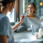 personne-se-brossant-les-dents-avec-une-brosse-a-dents-souple-devant-un-lavabo-de-salle-de-bains-moderne-mousse-de-dentifrice-visible-plante-en-pot-et-serviette-sur-le-comptoir-lumiere-douce