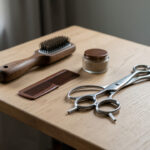 Accessoires de coiffure masculins disposés soigneusement sur une table en bois, ambiance mode sobre et contemporaine, éclairage doux et textures réalistes.