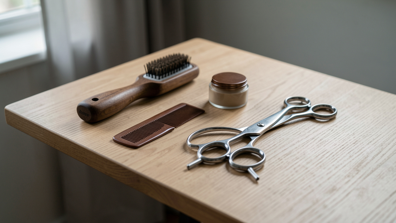 Accessoires de coiffure masculins disposés soigneusement sur une table en bois, ambiance mode sobre et contemporaine, éclairage doux et textures réalistes.