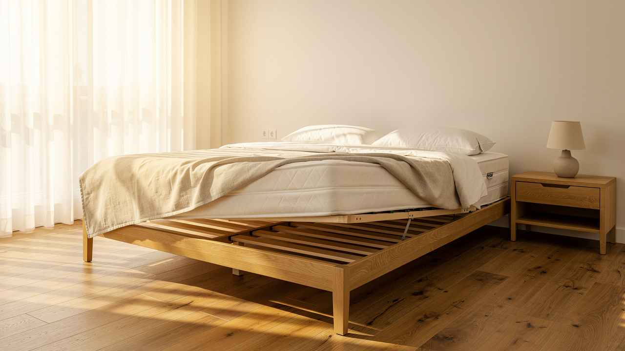 Chambre lumineuse de style éditorial avec un lit double, un matelas blanc et un sommier à lattes en bois apparent.