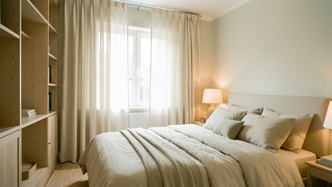Chambre lumineuse et apaisante avec un lit soigneusement fait, des rideaux épais, une lampe douce et des rangements discrets dans une ambiance naturelle.