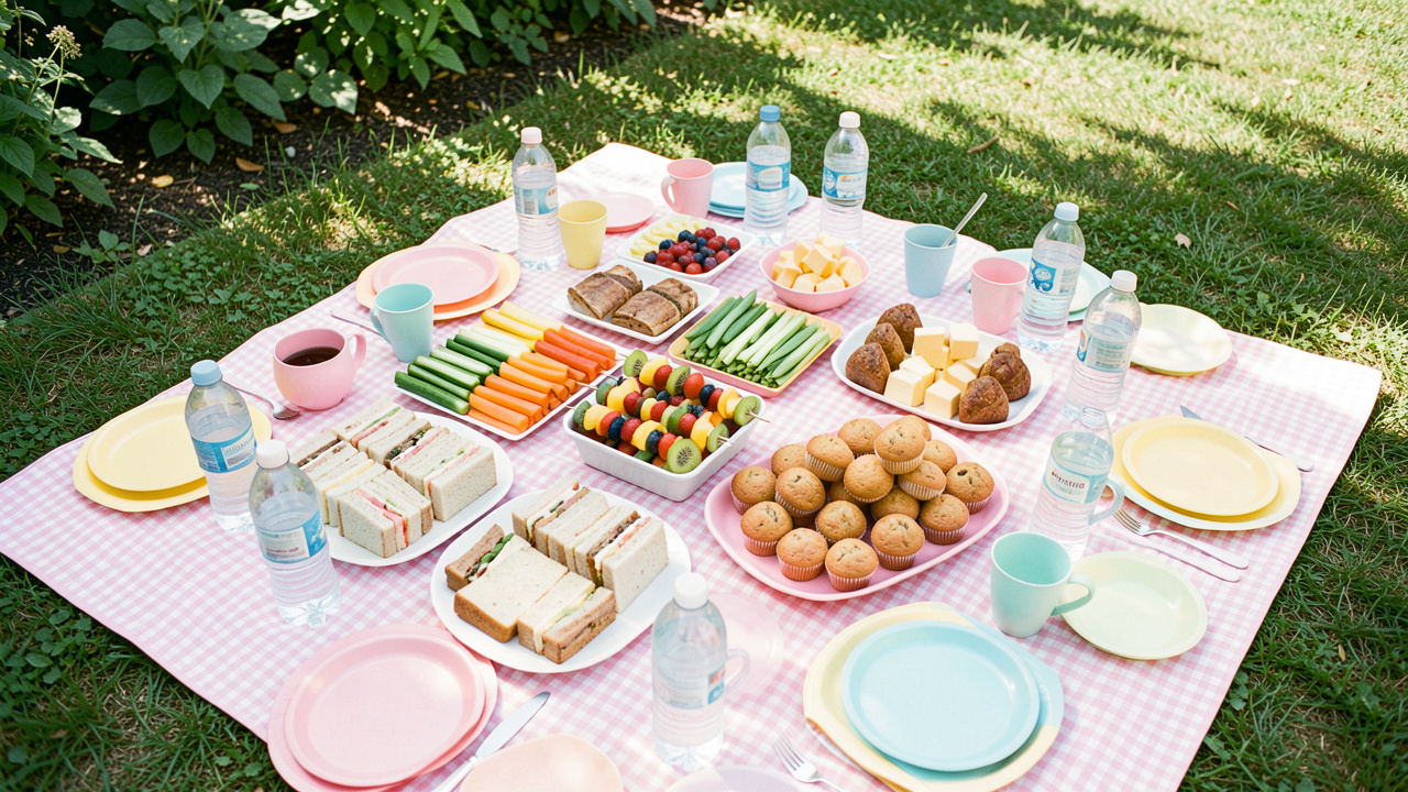 Goûter d’anniversaire en plein air avec un menu varié et adapté aux enfants, présenté sur une nappe de pique-nique colorée.