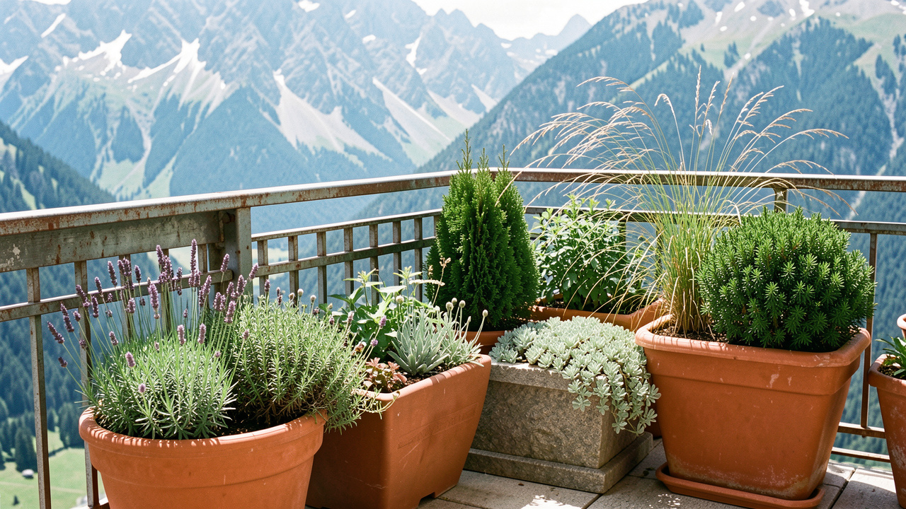 Balcon grenoblois exposé au vent, aménagé avec des plantes alpines résistantes, de la lavande, du thym, des sédums, un genévrier compact et des graminées dans des jardinières solides.