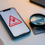 SMS de banque pour un paiement inconnu : vérifier sans cliquer Smartphone affichant une alerte abstraite de paiement inconnu avec un symbole d'avertissement et un bouclier, accompagné d'une loupe et d'une carte bancaire sur un bureau.