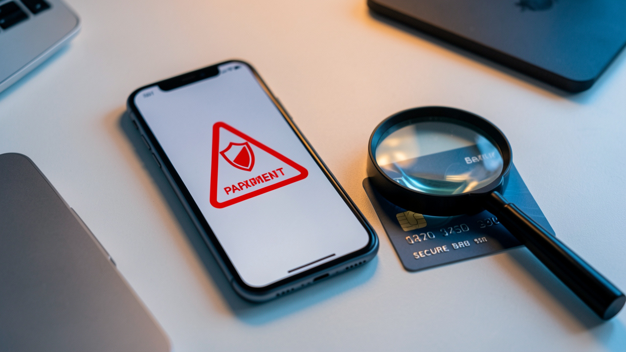 Smartphone affichant une alerte abstraite de paiement inconnu avec un symbole d'avertissement et un bouclier, accompagné d'une loupe et d'une carte bancaire sur un bureau.