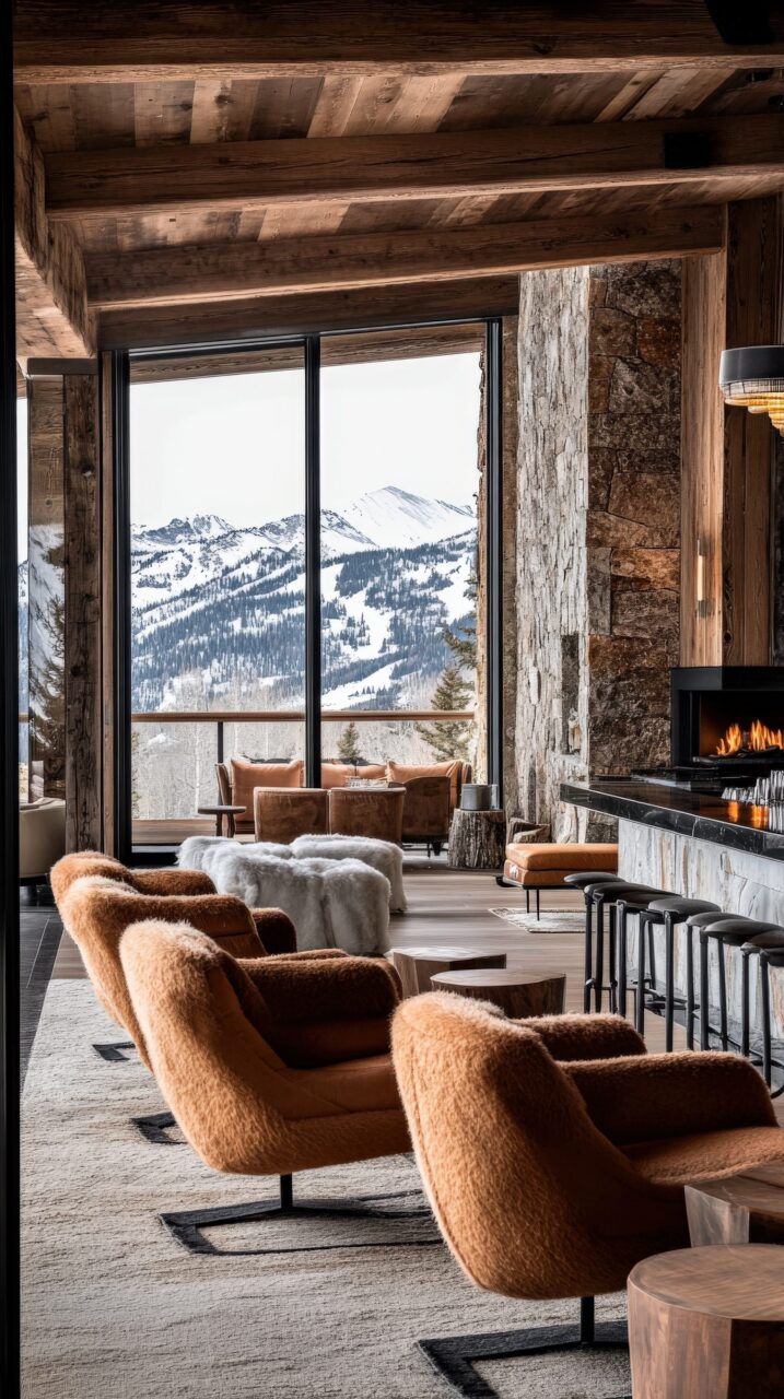 Salon de montagne chaleureux avec canapé en laine, bois naturel et cheminée contemporaine.