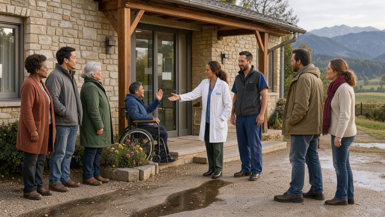 Illustration réaliste d’une maison de santé à Lourdes, où une médecin et un infirmier accueillent des habitants et des visiteurs devant un paysage discret des Pyrénées.