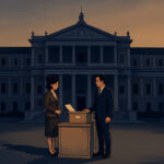 Comment le scrutin présidentialiste de Giorgia Meloni change l’Italie ? Illustration éditoriale sobre du Parlement italien à Rome, avec deux femmes et un homme devant des urnes, dans une palette bleu nuit et ocre.