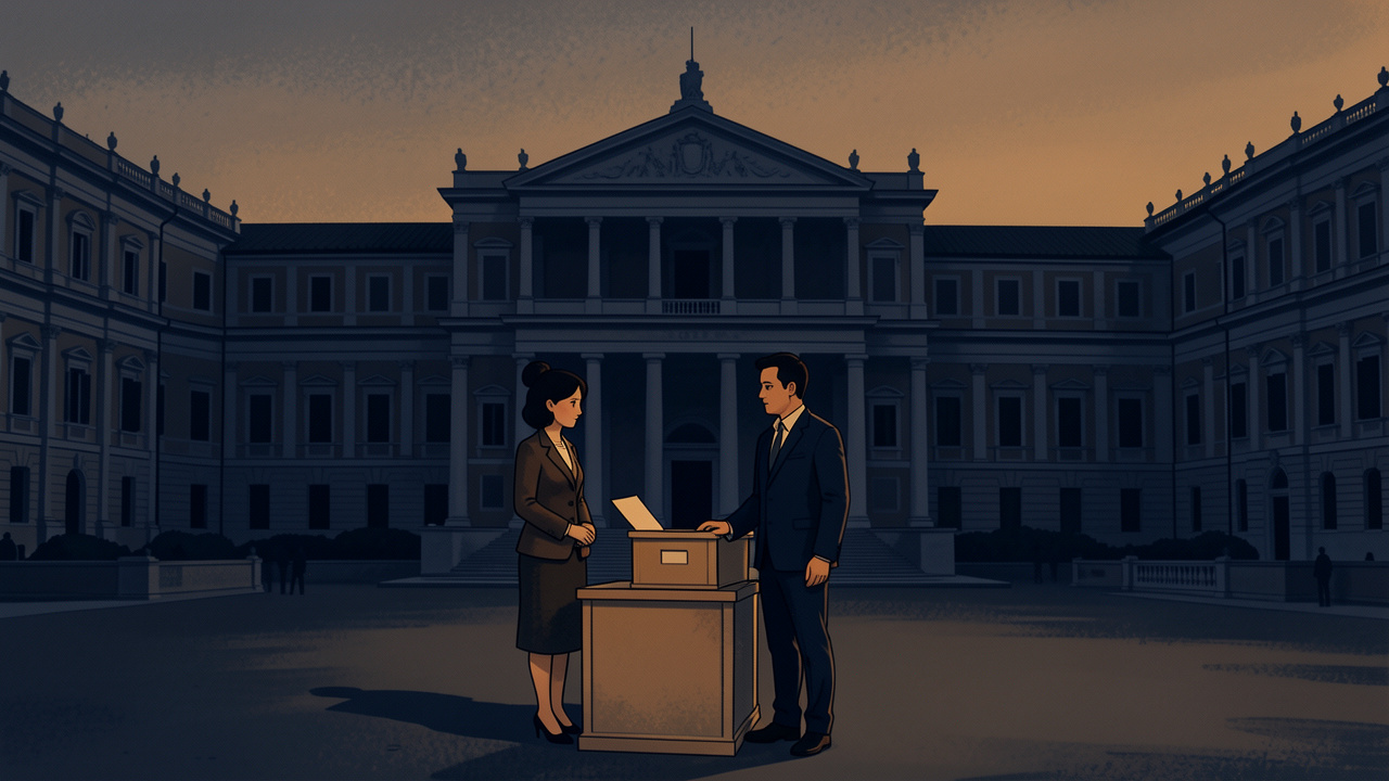 Illustration éditoriale sobre du Parlement italien à Rome, avec deux femmes et un homme devant des urnes, dans une palette bleu nuit et ocre.